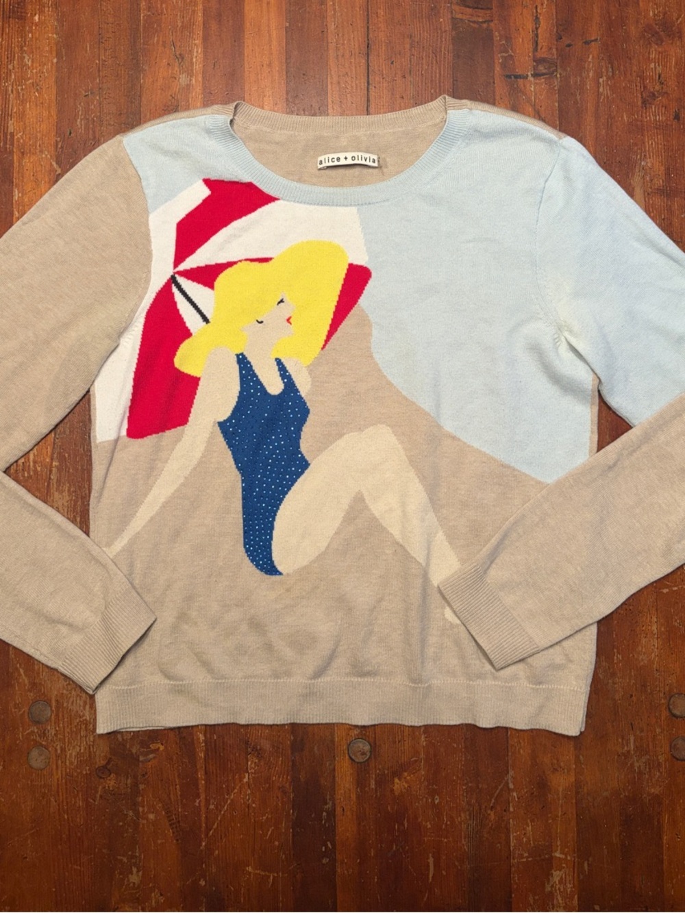 Alice + Olivia Beige & Sky Blue Sunbather Sweater with sequins